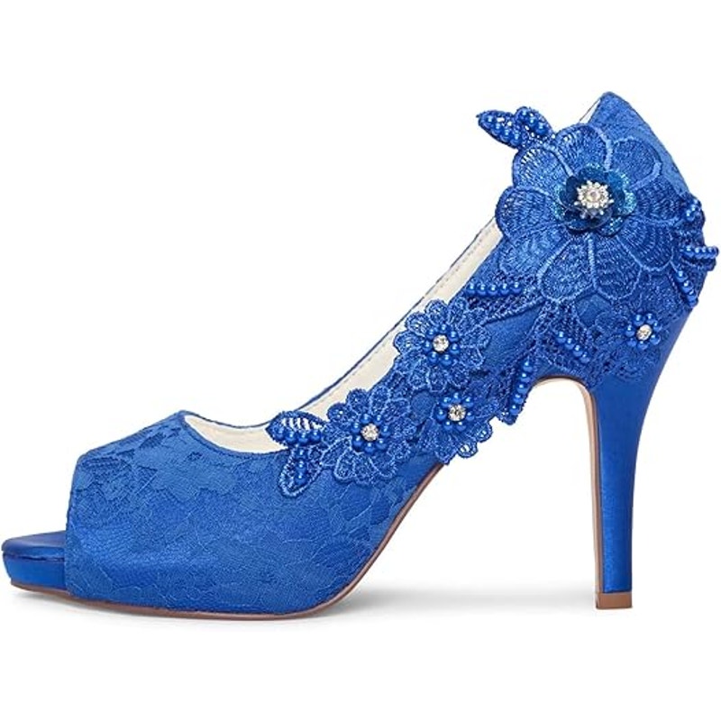Emily Womens Size 9.5 Royal Blue Floral Lace Peep Toe 4" Heel Slip On Pump Shoes