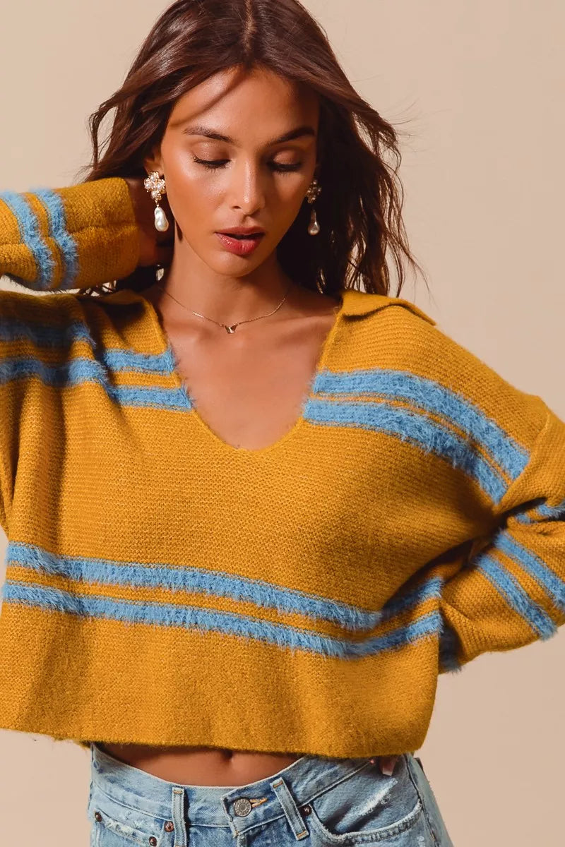 Fuzzy Hairy Stripe Deep U Neck Sweater
