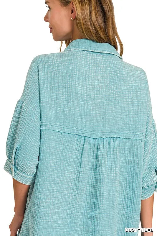 Washed Double Gauze Button Down Shirt Dress