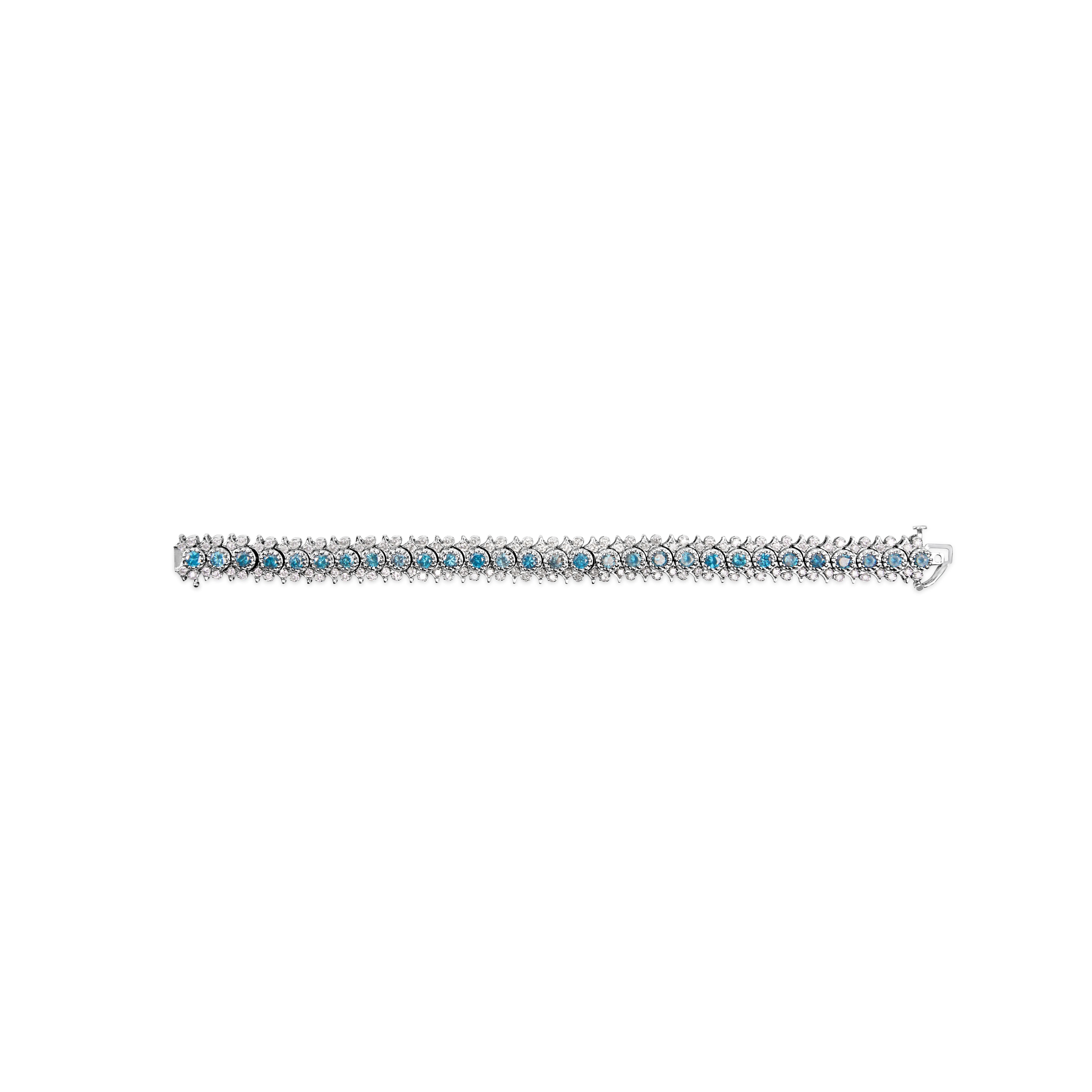 14K White Gold 10.0 Cttw Blue and White Diamond Vintage-Inspired Floral Cluster Link 7" Bracelet (H-I Color, SI2-I1