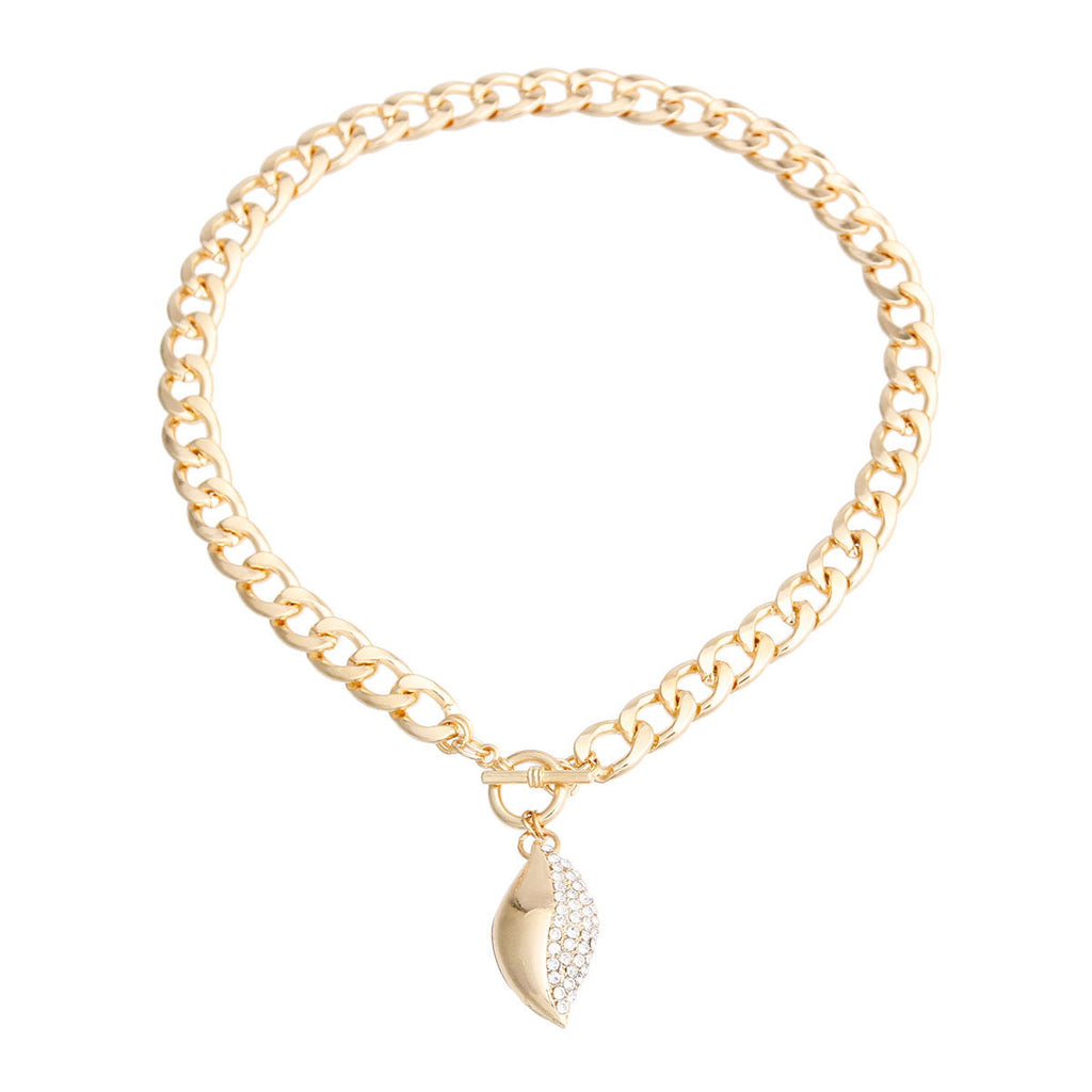 Charm Necklace Gold Curved Oval Pave Stylish Elegant Jewelry