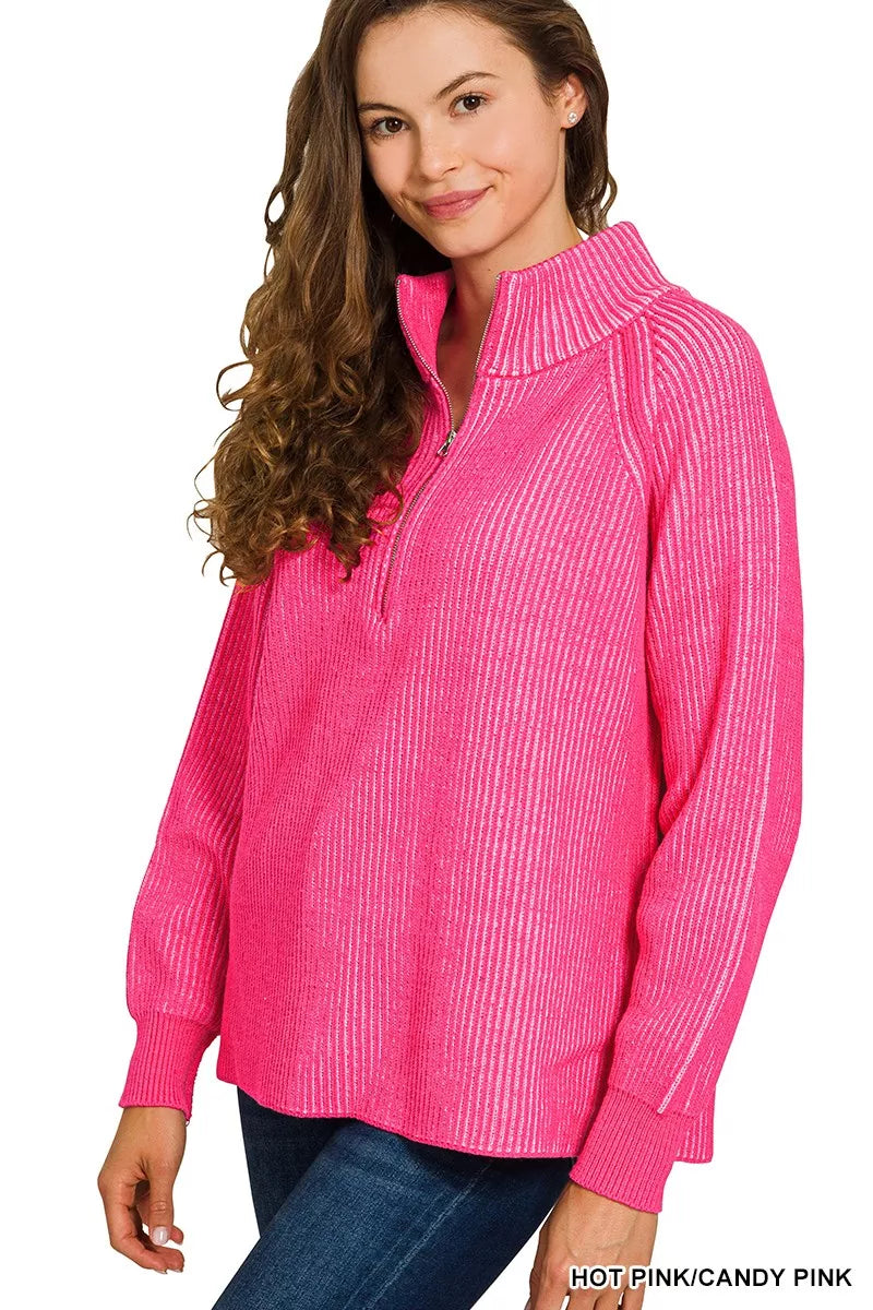 Ribbed Two Tone Half Zip Sweater