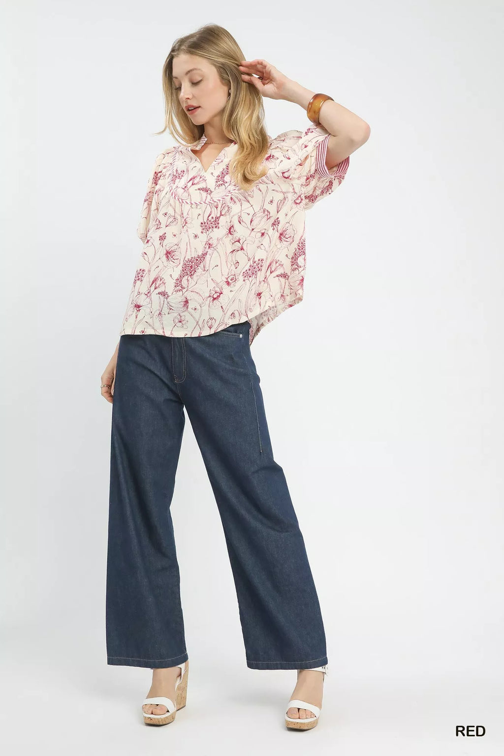 Mixed Print Puff Sleeve Split Neck Top