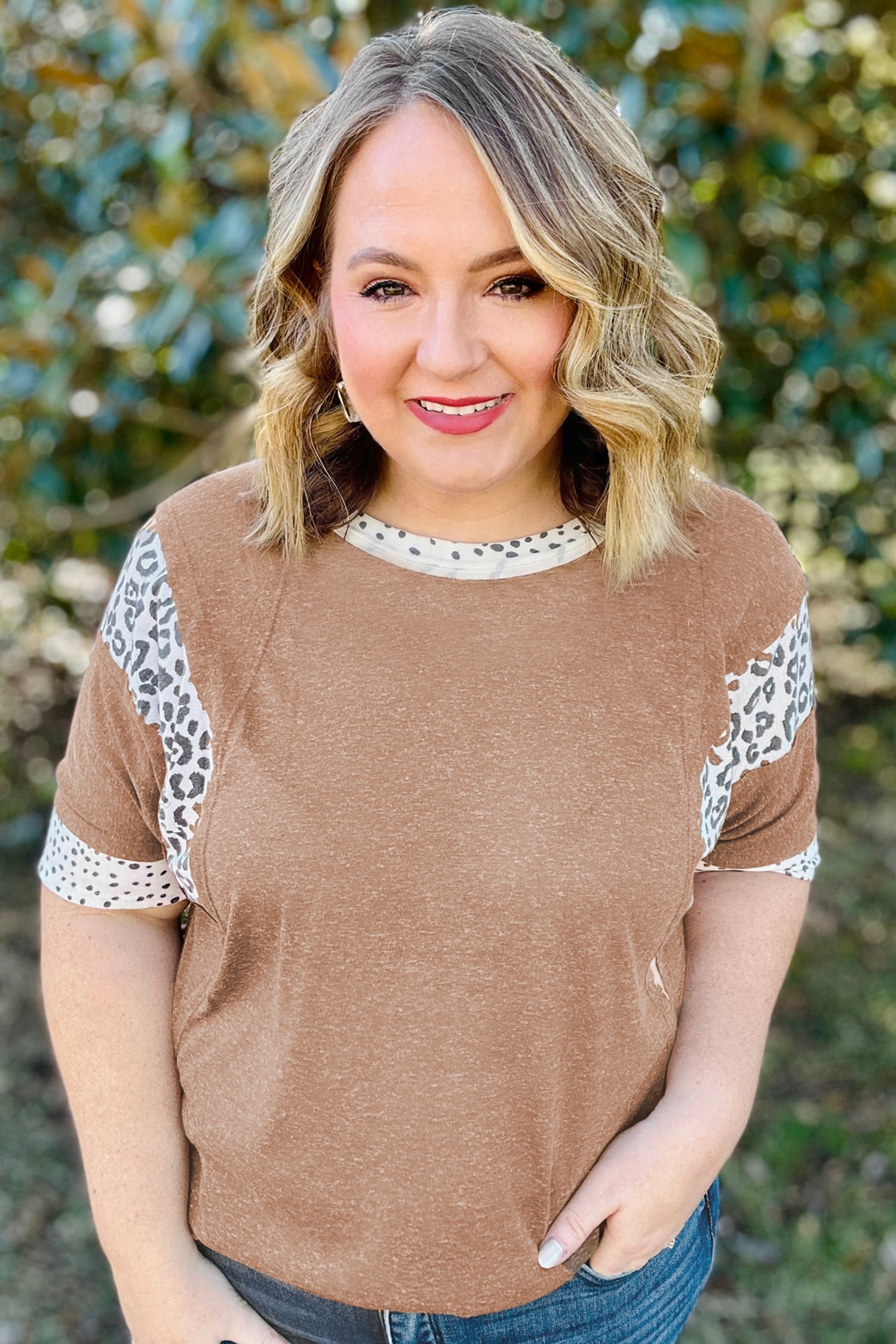 Chestnut Animal Color Block Patchwork Plus Size Tee