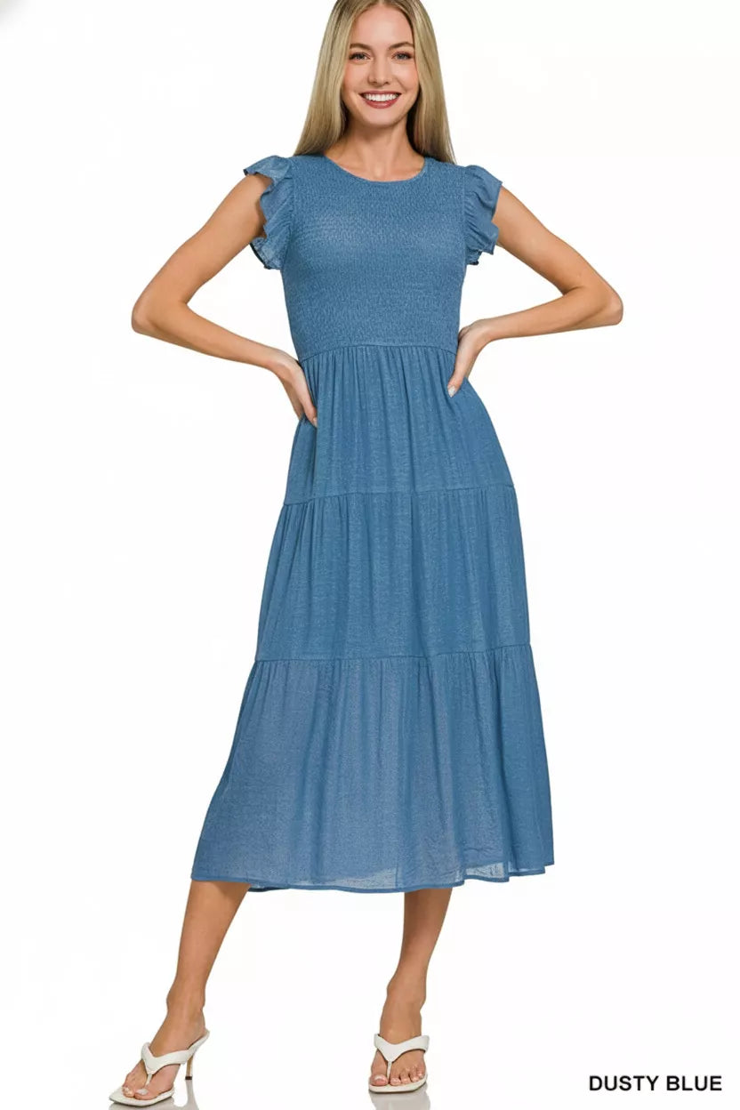 Woven Smocked Ruffle Sleeve Midi Dress