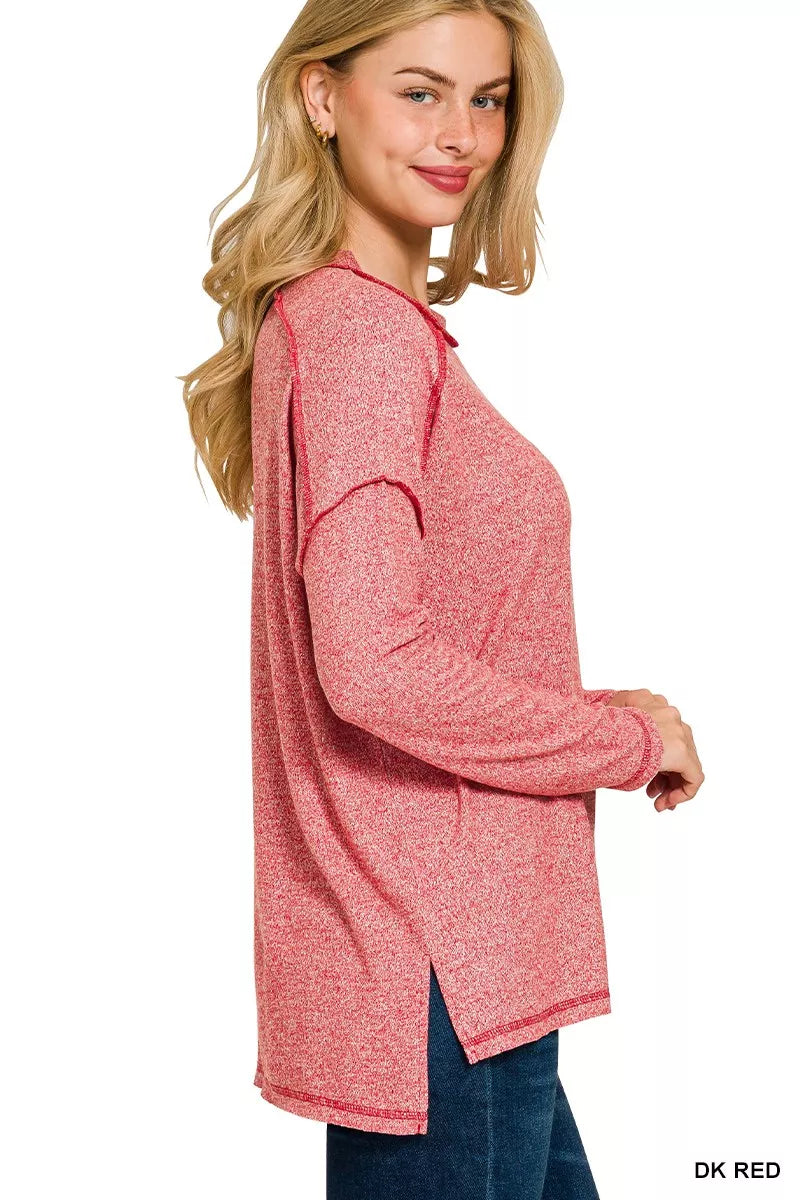 Full Size Melange Hacci Exposed Seam Hi-low Tee Plus Size