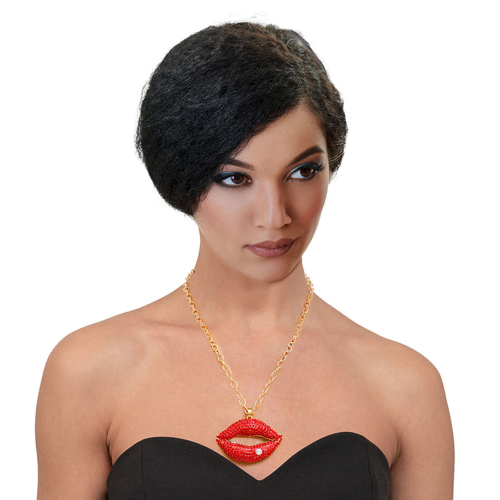 Statement Necklace Red Rhinestone Lips Gold Chain Stylish Fashion Jewelry