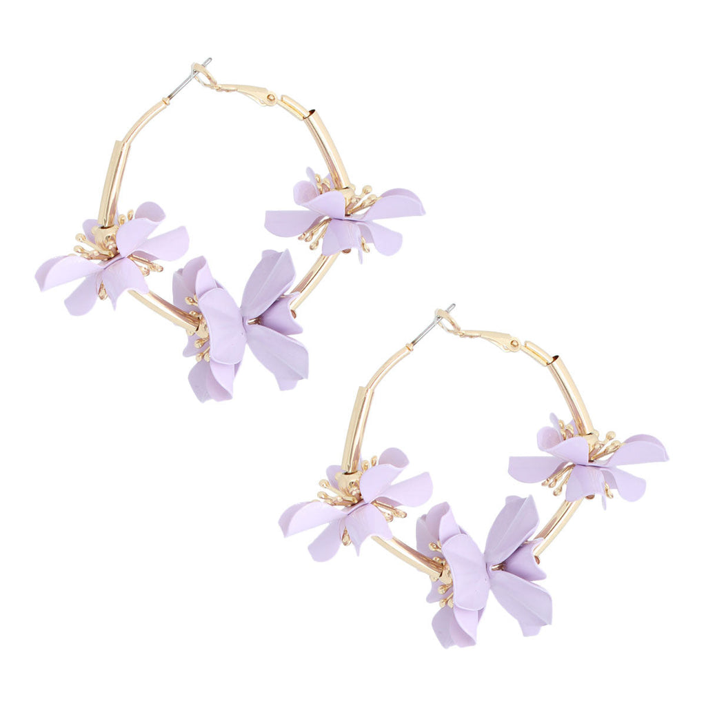 Statement Lavender Metal Flower Hoop Earrings, Trendy Fashion Jewelry