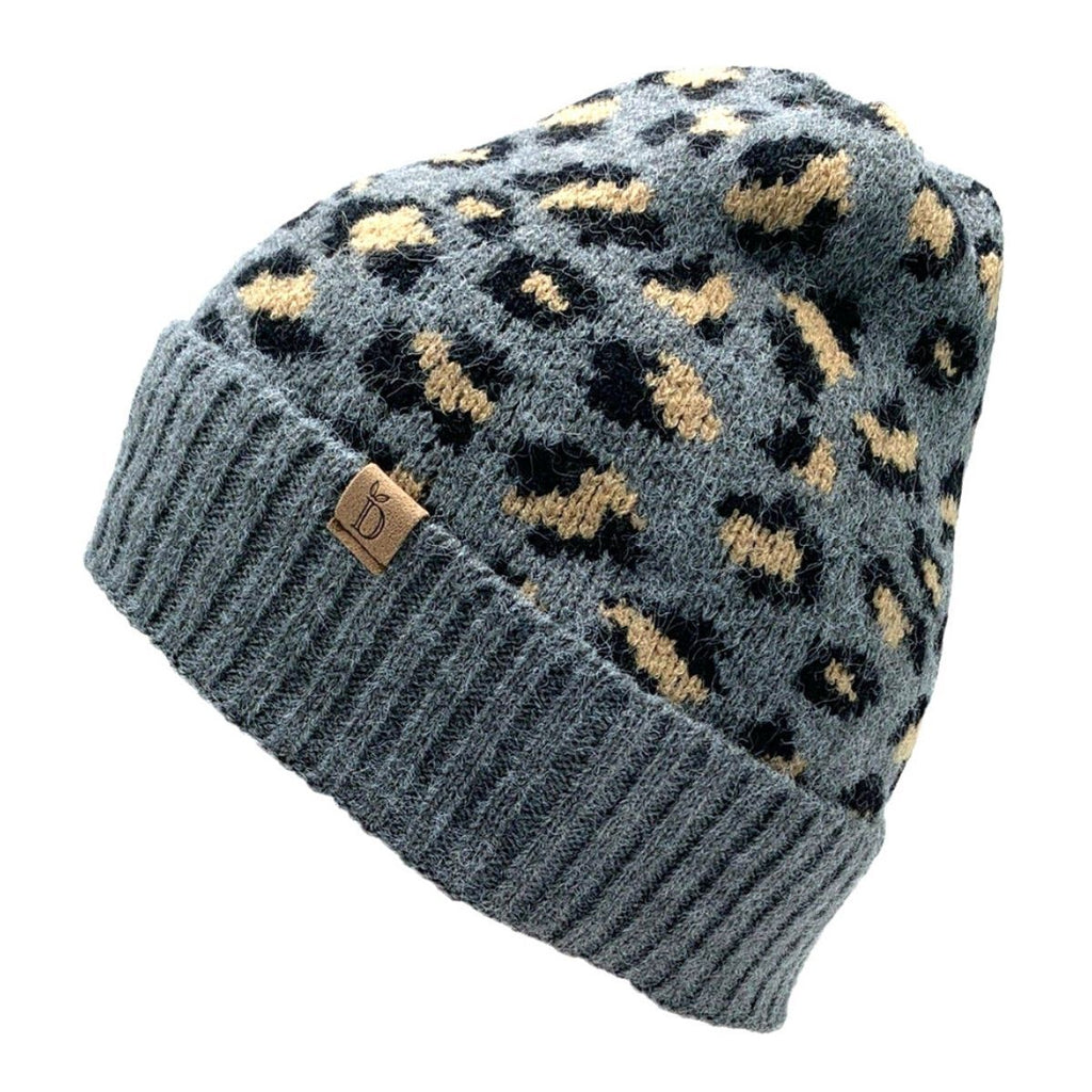 Cuff Beanie Gray Leopard Print Stylish Casual Knit Hat