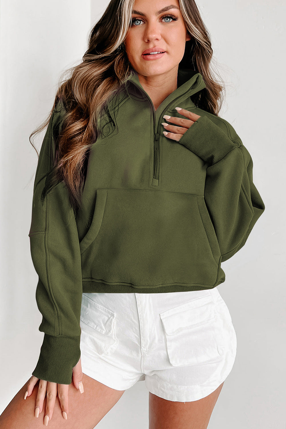 Flamingo Zip Up Stand Collar Ribbed Thumbhole Sleeve Sweatshirt