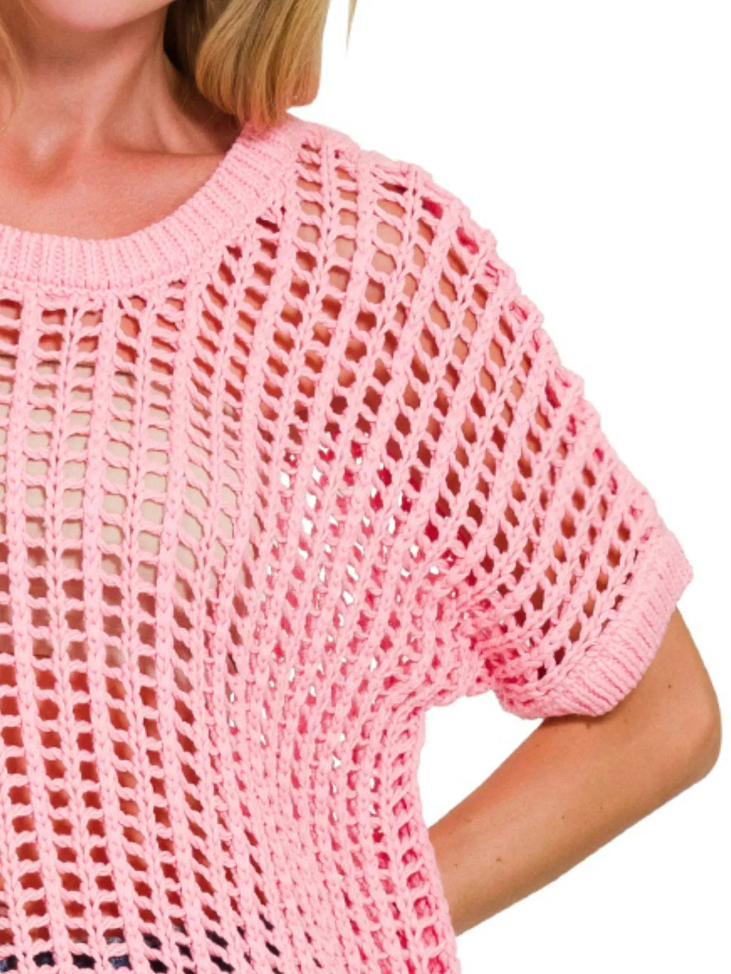 Fish Net Short Sleeve Crochet Knit Cover Up