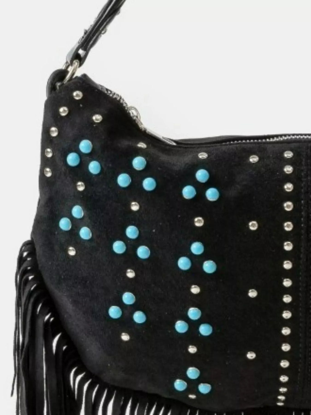Studded Pattern Multi Fringe Hobo Shoulder Bag