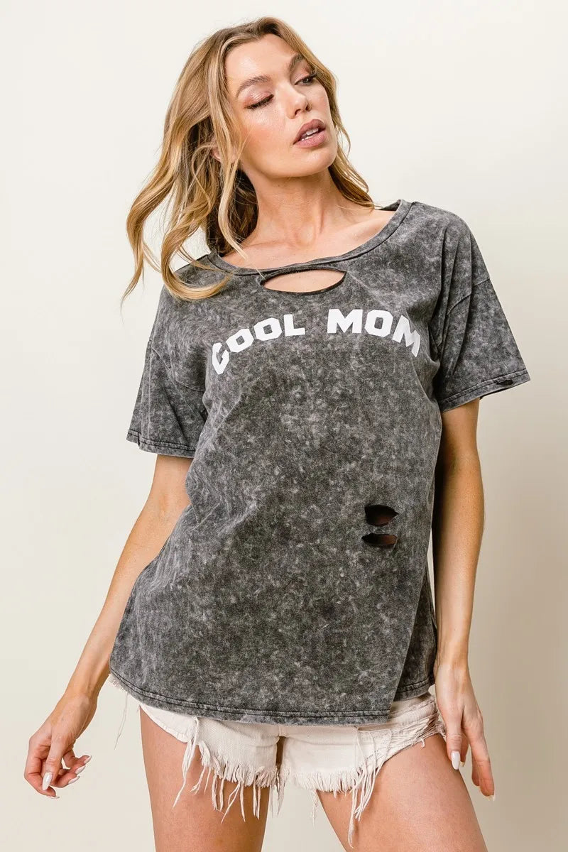 Washed Laser Cut Detail Cool Mom Print Top