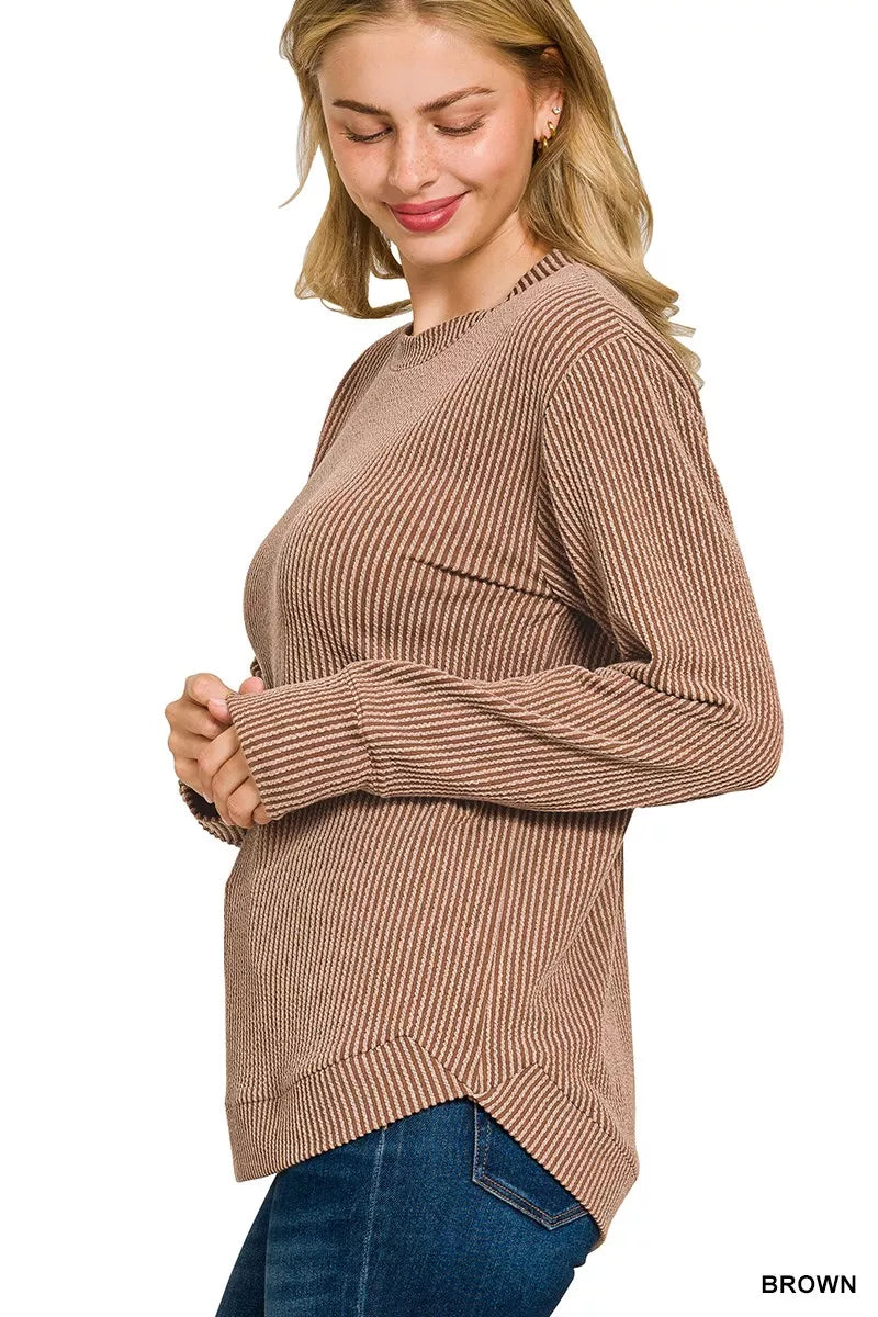 Full Size Raised Rib Round Neck Long Sleeve Top Plus Size