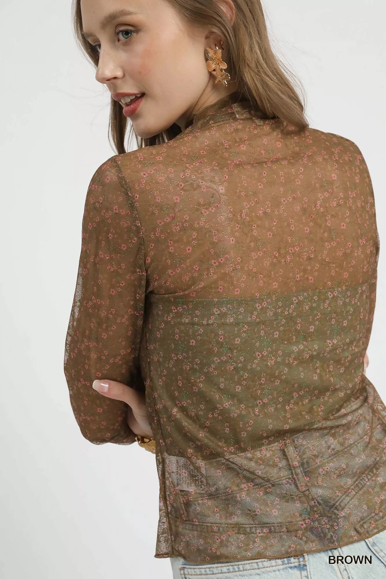 Nylon Lace Mesh Long Sleeve Top