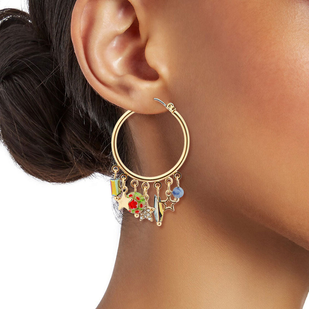 Gold Star Charm Hoop Earrings Stylish Fashion Jewelry