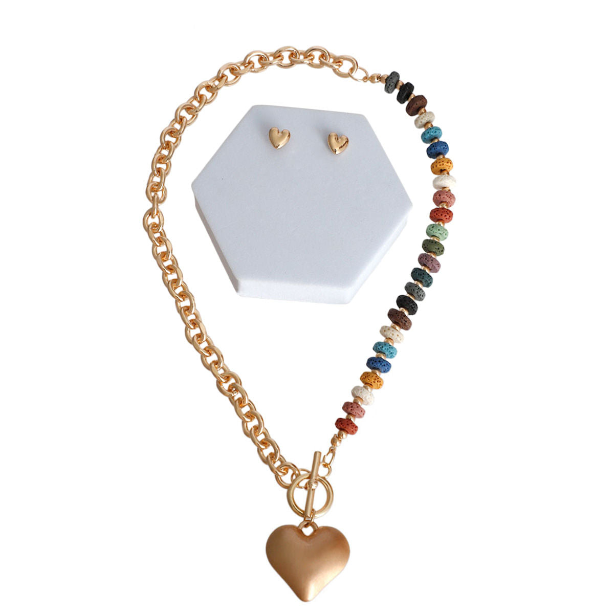 Statement Chunky Bead Heart Toggle Necklace Stylish Fashion Jewelry