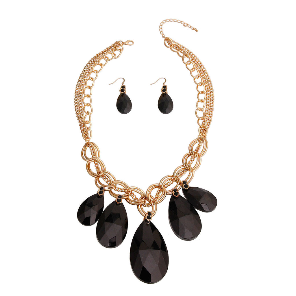 Gold Chain and Black Teardrop Statement Jewelry Set