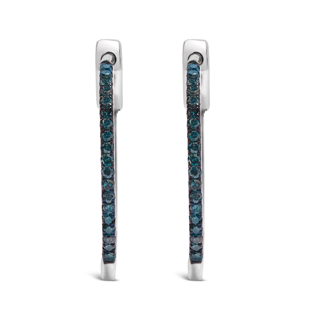 .925 Sterling Silver 1/3 Cttw Inside Out Blue Treated Diamond 1MM Wide Hoop Earrings (Blue Color, I2-I3 Clarity)