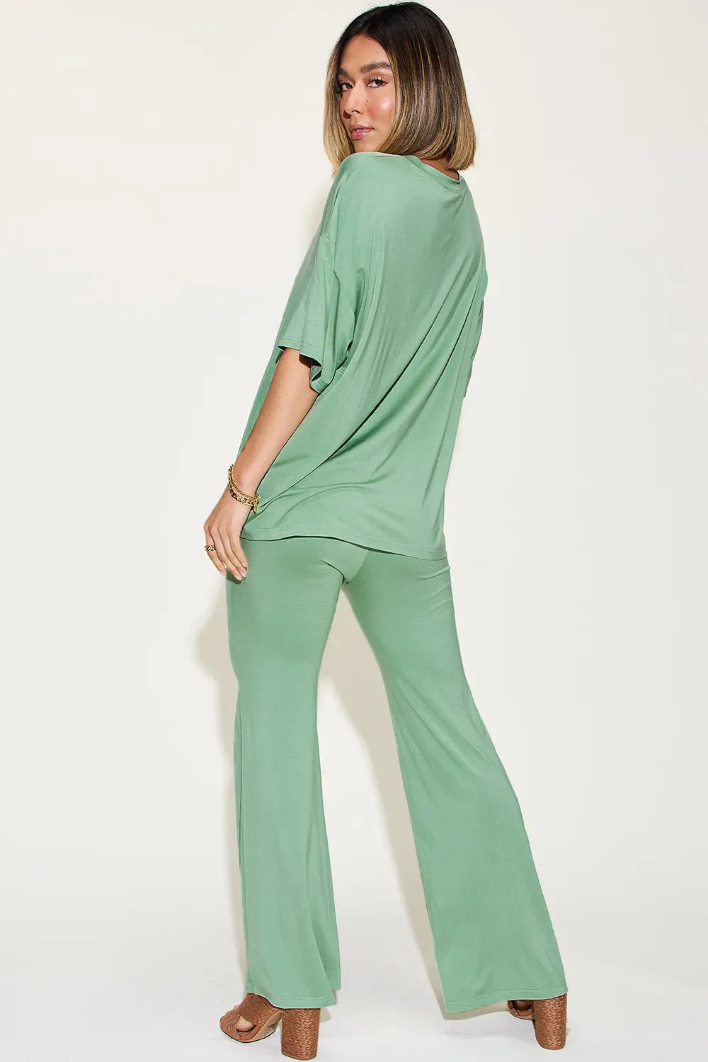 Full Size Bamboo Drop Shoulder T-Shirt and Flare Pants Set