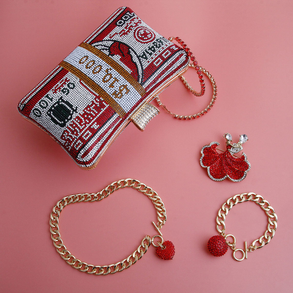 Luxury Red Bling Statement Clutch with Banded Detail