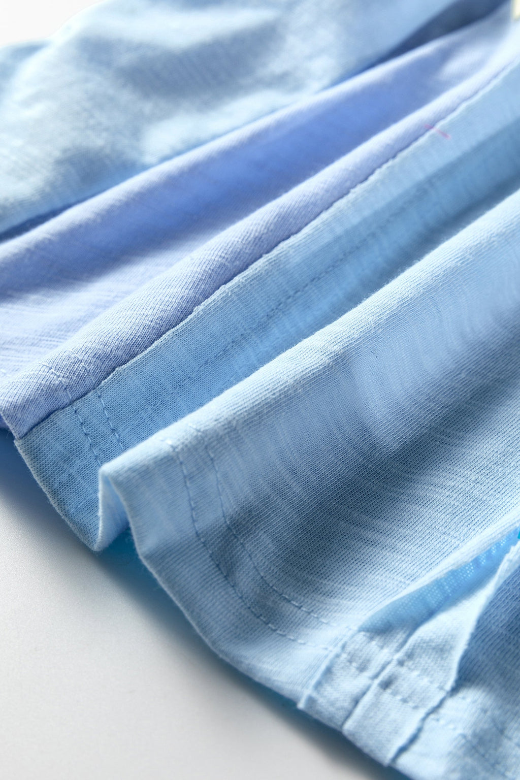 Light Blue Flower Patched Exposed Seam Bracelet Sleeve Oversized T Shirt