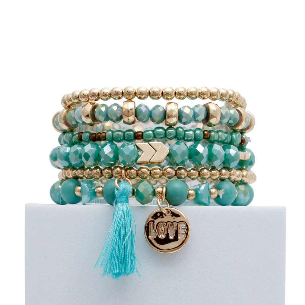 Bracelet Set 6 Pcs Turquoise Glass Layered Stylish Jewelry