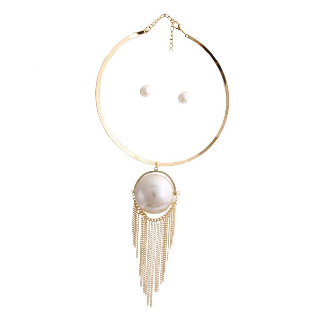 Statement Jumbo Pearl Necklace with Gold Rigid Collar, Stylish and Elegant