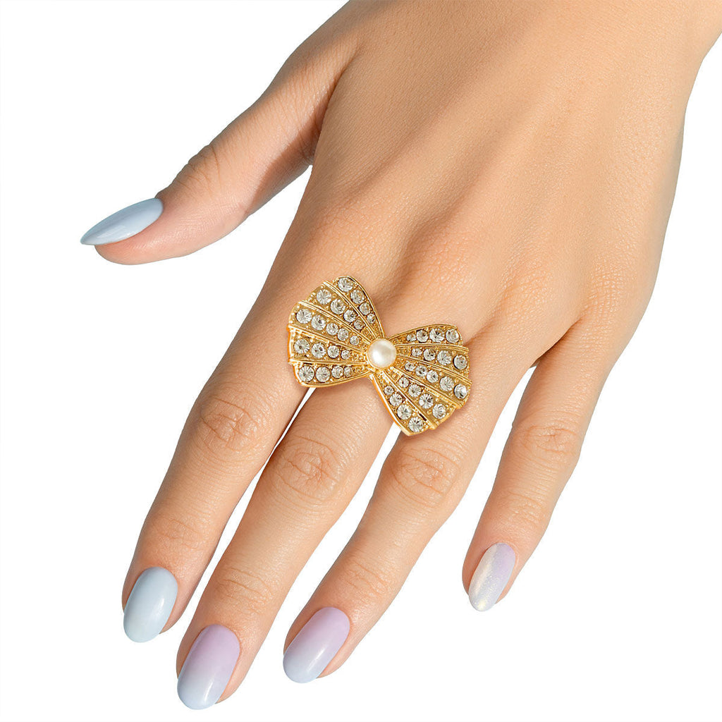 Statement Gold Rhinestone Bow Ring Stylish Fashion Jewelry Accessory