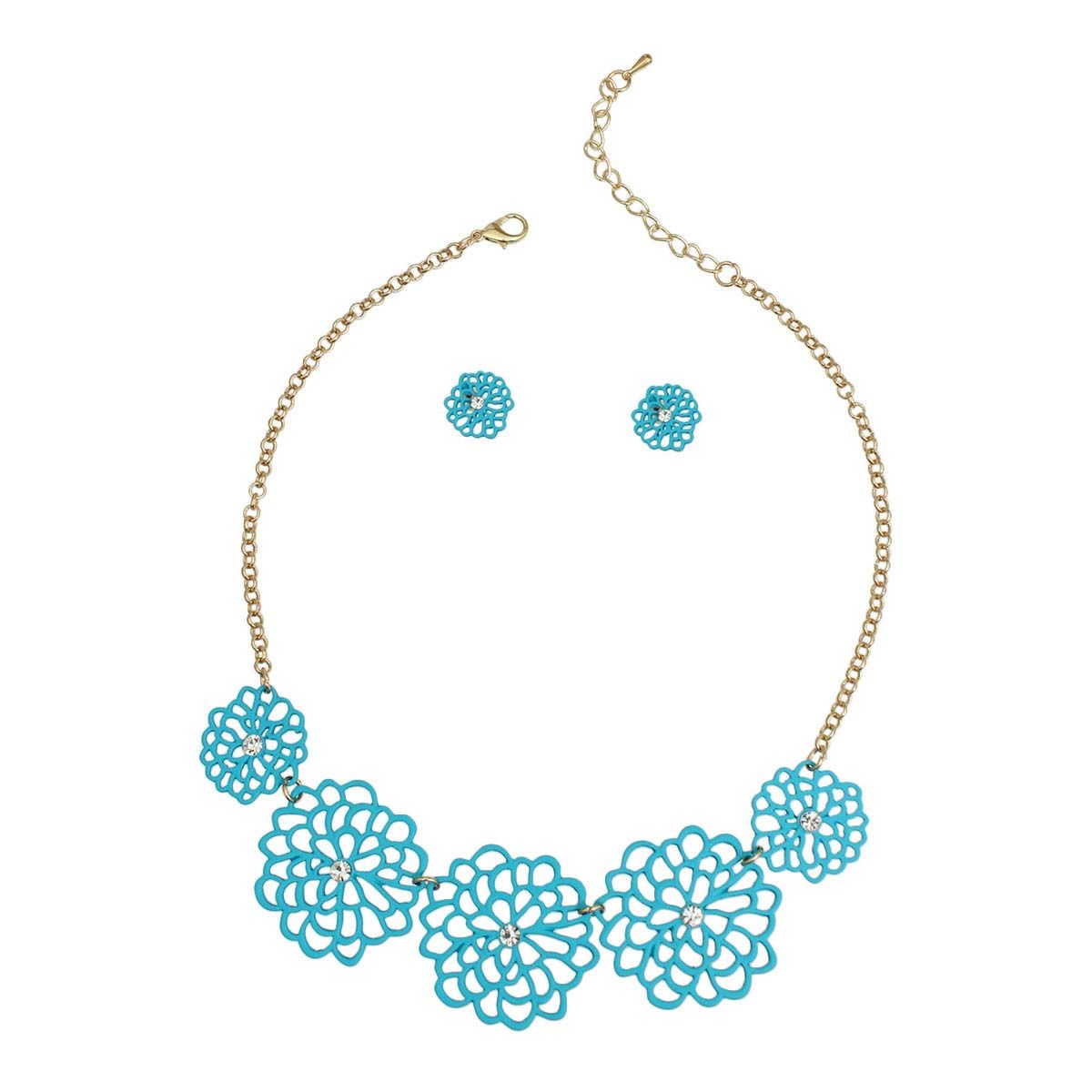 Statement Necklace Turquoise Matte Metal Cut Out Flower Stylish Chic Jewelry