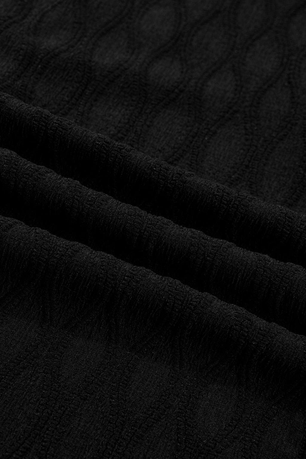 Black Solid Color Textured Notched Neck Puff Sleeve Blouse