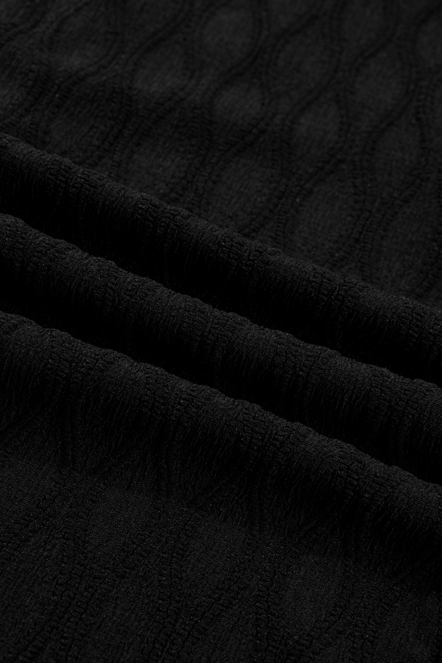 Black Solid Color Textured Notched Neck Puff Sleeve Blouse