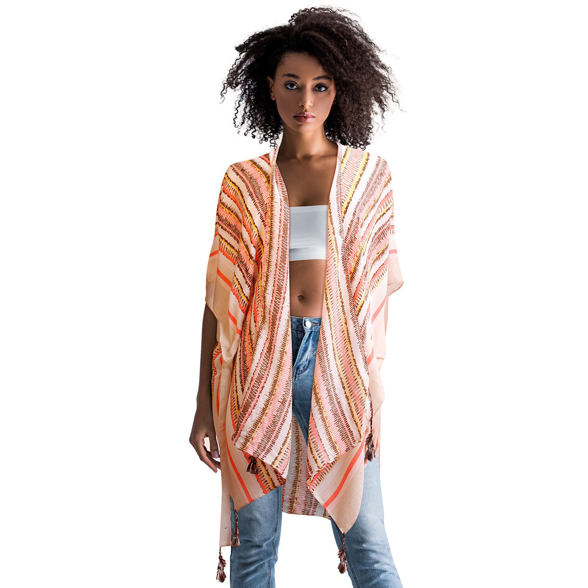 Women’s Kimono Beige Tribal Stripe Print Stylish Casual Layered Top