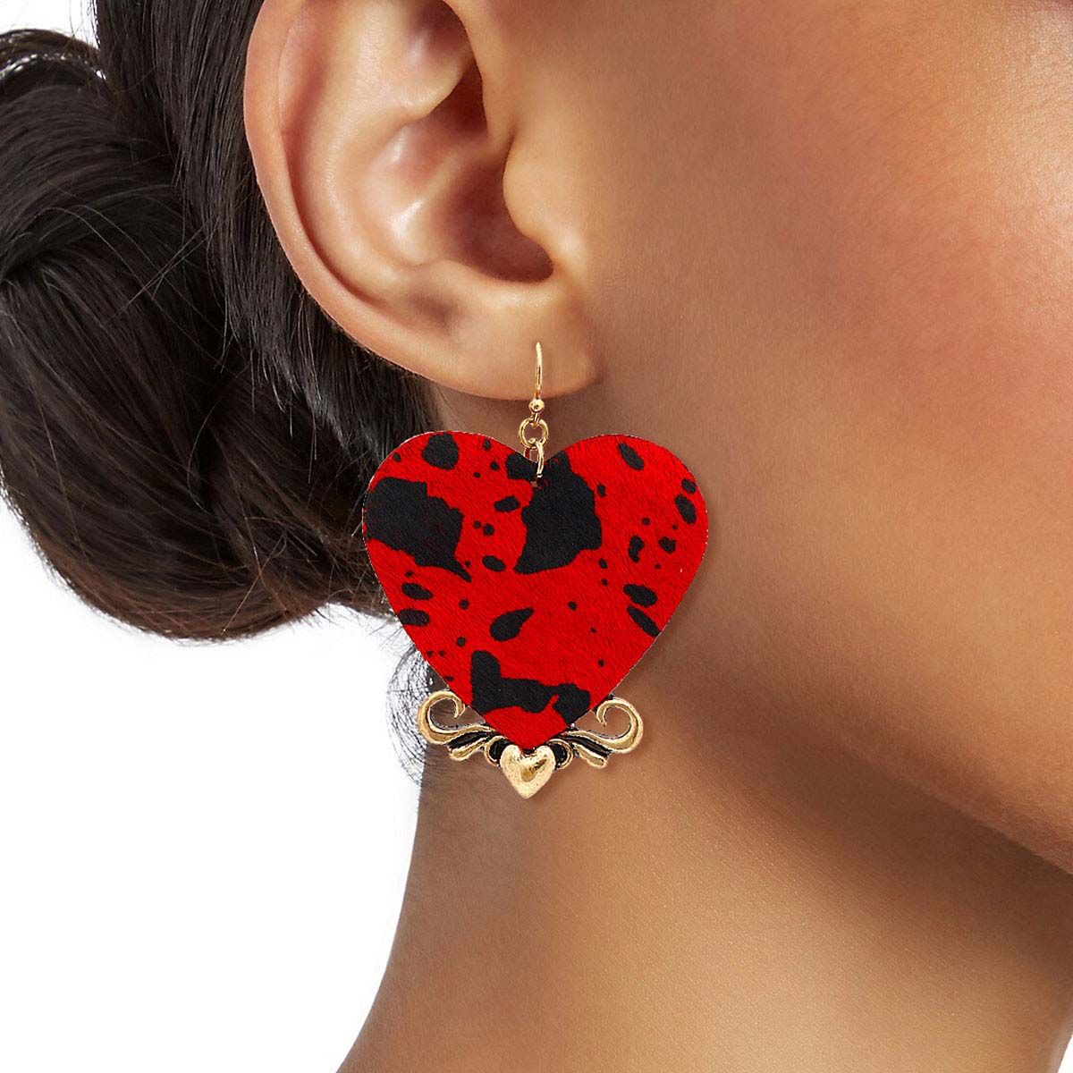 Statement Red Leather Animal Print Heart Earrings Stylish Fashion Jewelry
