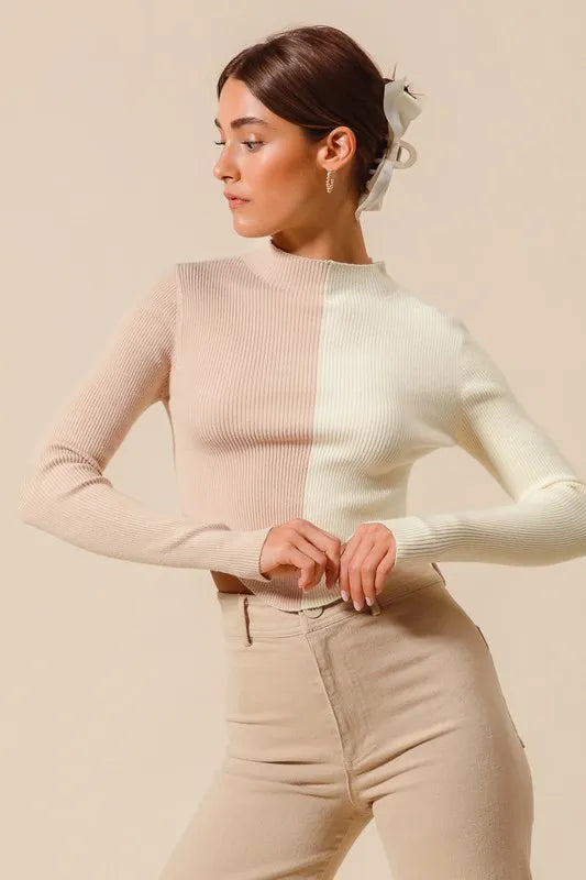 Color Block Fitted Crop Sweater Top
