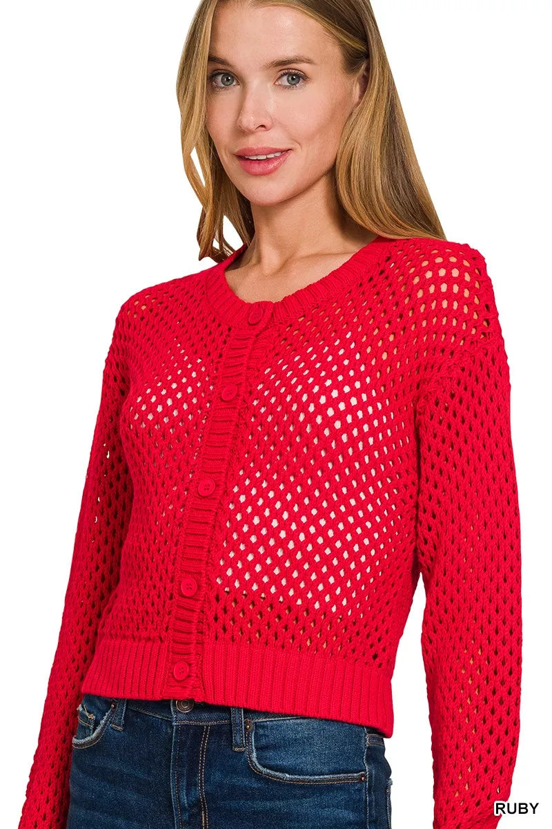 Button Down Lightweight Crochet Cardigan Sweater