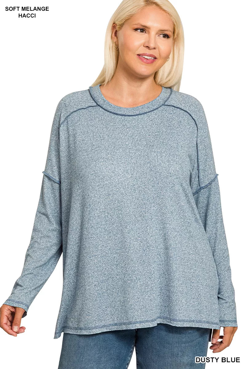 Full Size Melange Hacci Exposed Seam Hi-low Tee Plus Size