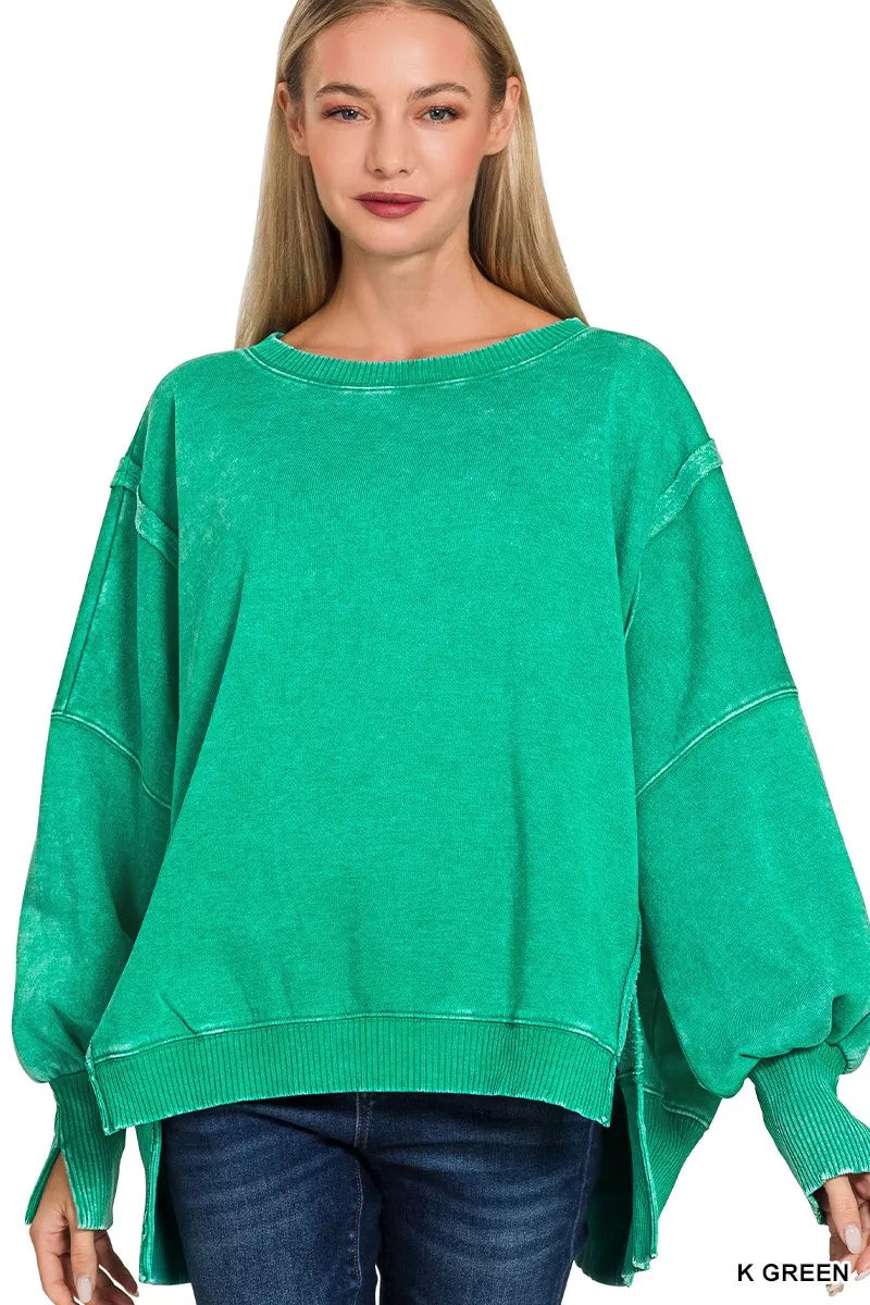 Acid Washed Batwing Sleeve Fleece Sweatshirt