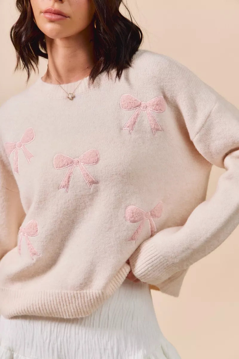 Embroidered Ribbon Round Neck Sweater