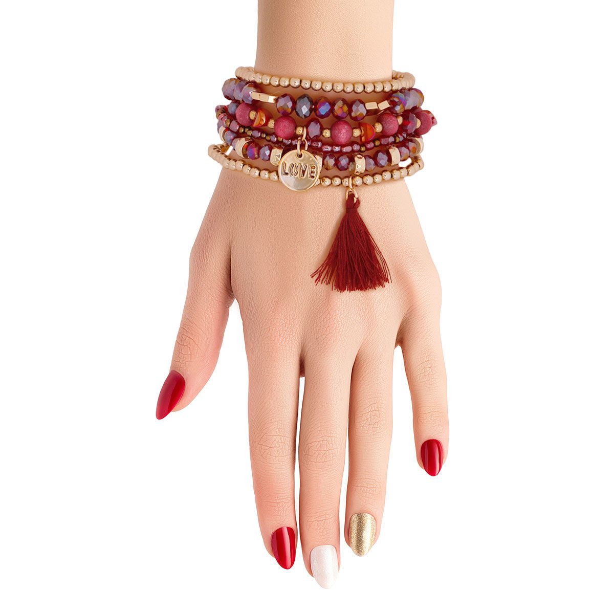 Bracelets 6 pcs Burgundy Glass Stylish Layered Jewelry Set