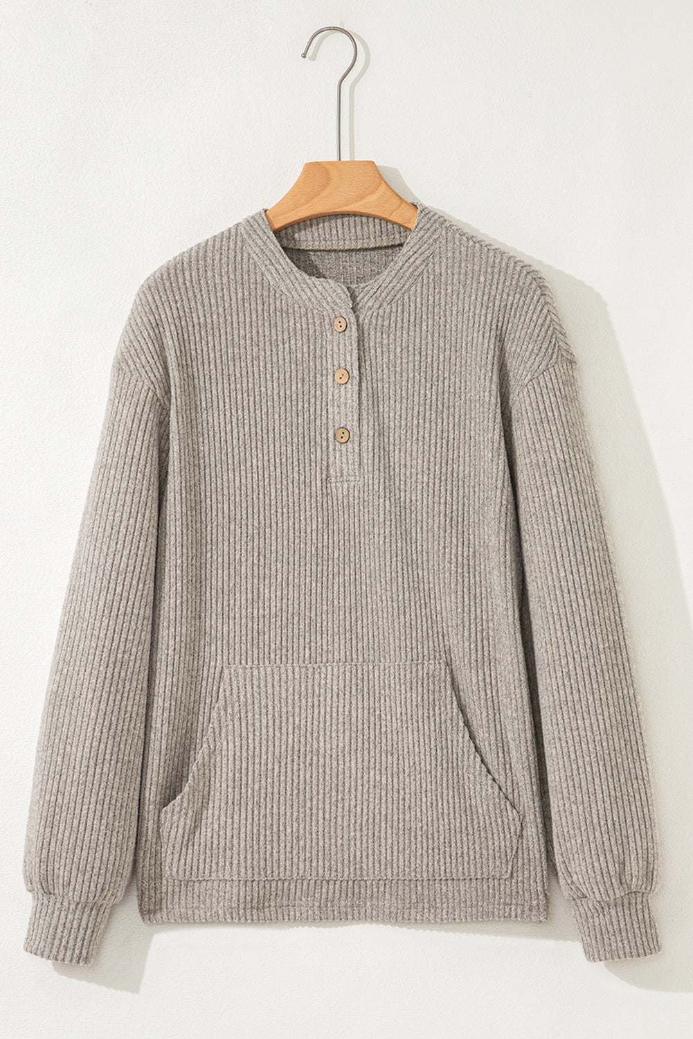 Simply Taupe Ribbed Texture Drop Shoulder Henley Knit Top