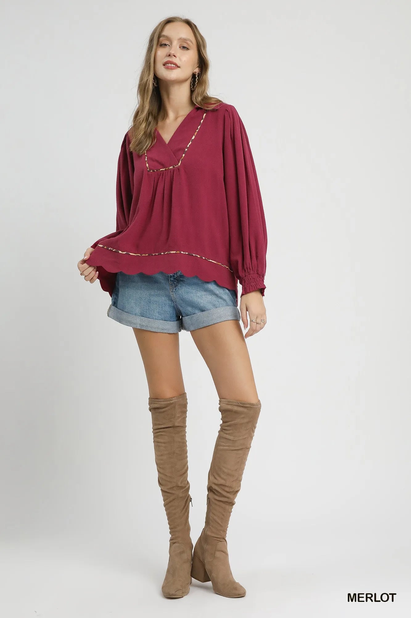 Full Size Linen Scallop Hem Blouse with Contrast Trim Plus Size