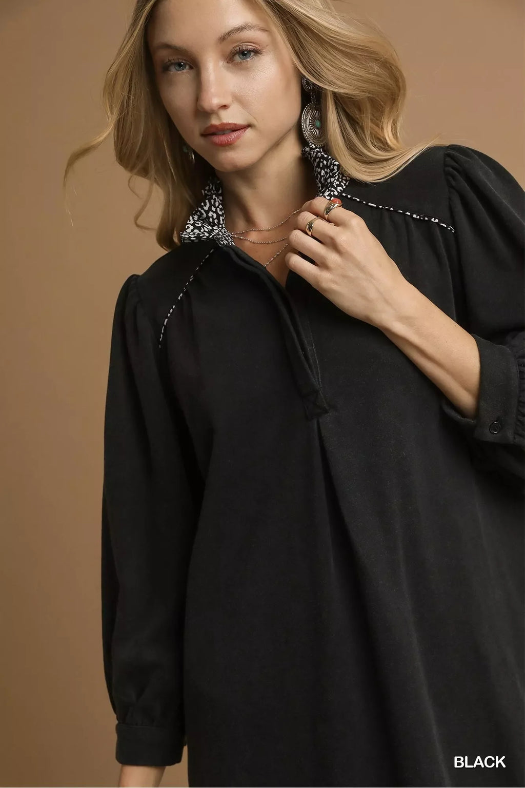 French Terry Balloon Sleeve Shift Dress with Leopard Print Detail