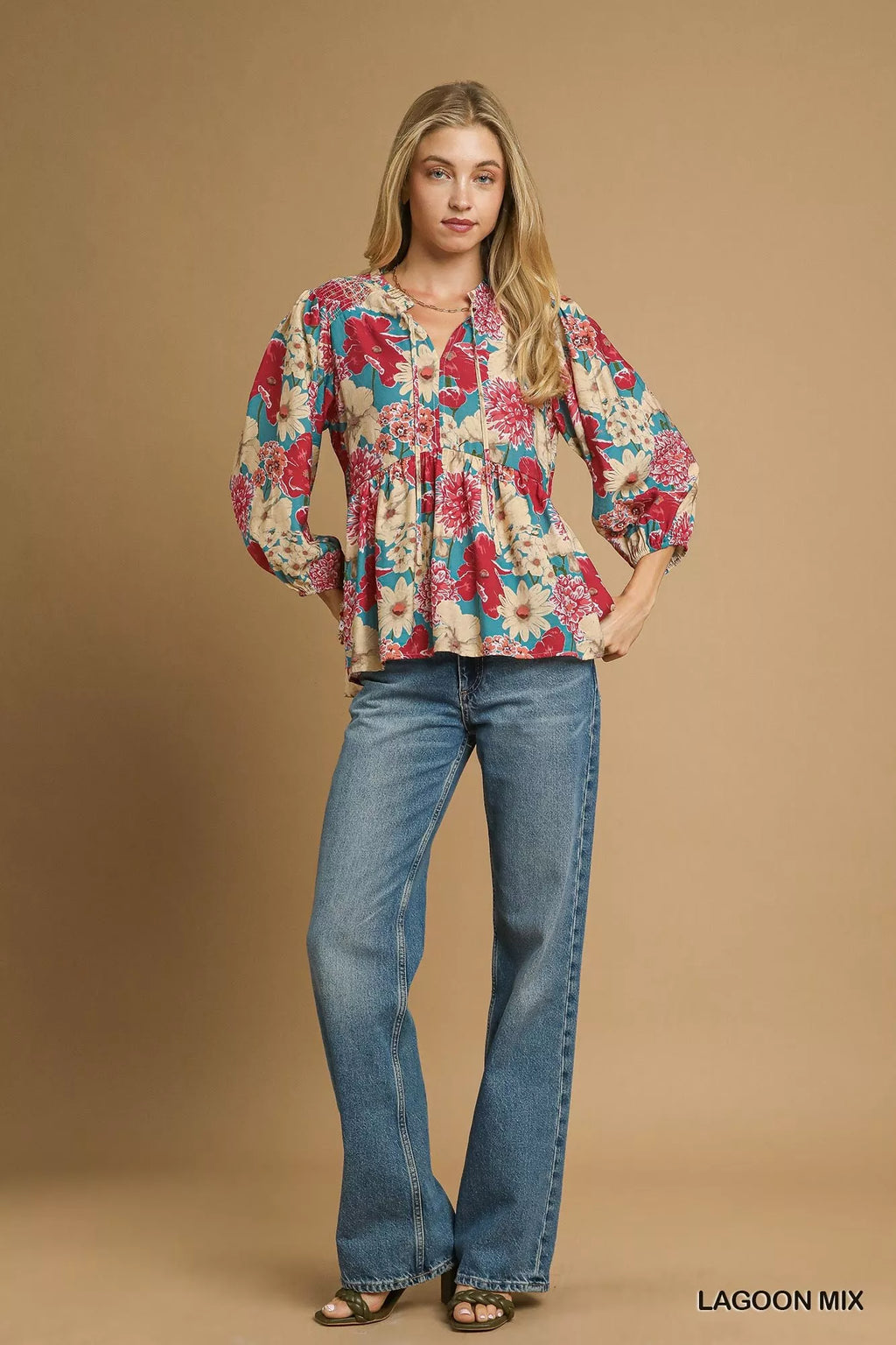 Mix Floral Peplum Blouse with Tie Neck