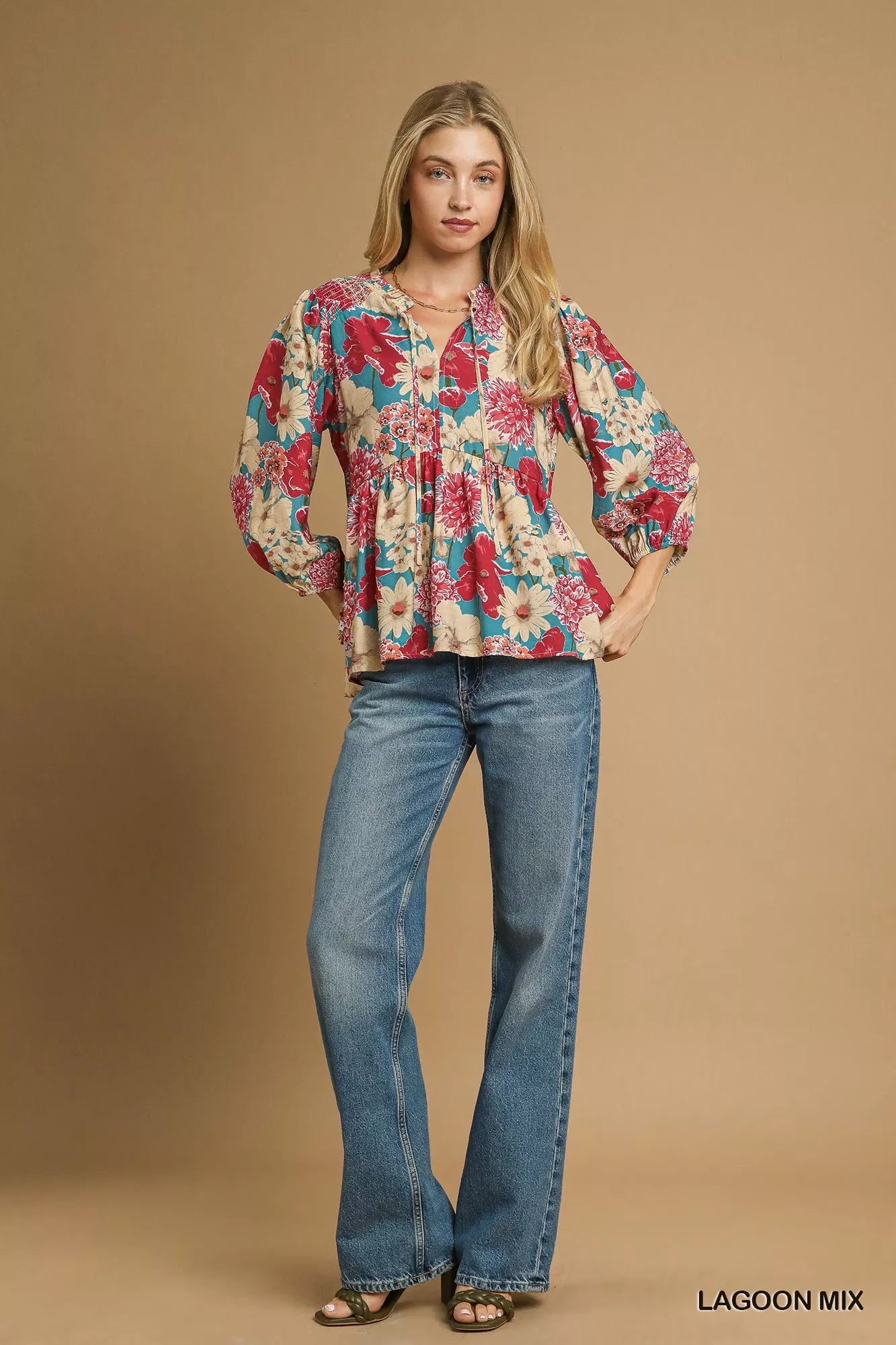 Mix Floral Peplum Blouse with Tie Neck