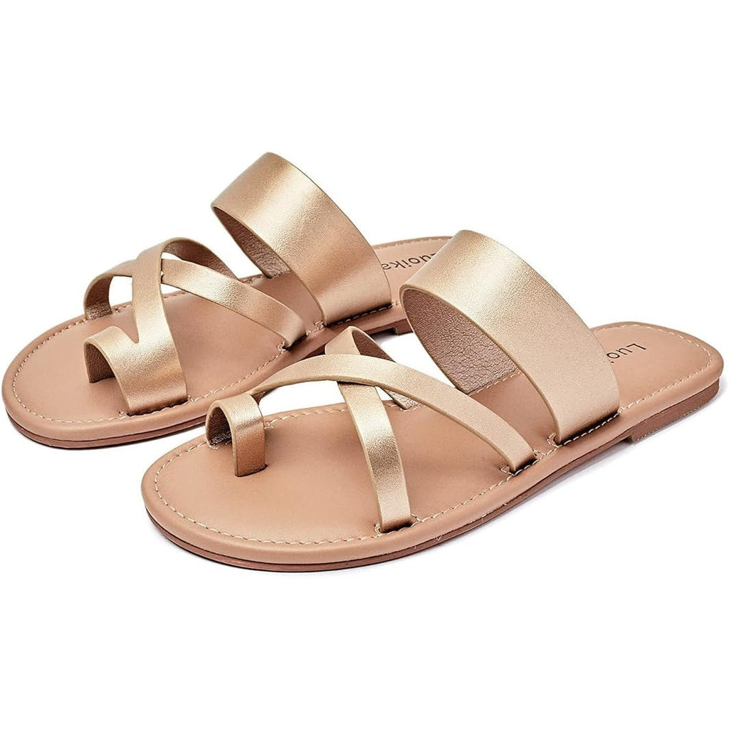 Luoika Womens 7.5W Gold Toe Strap Slide On Flats Sandals Flip Flop Shoes