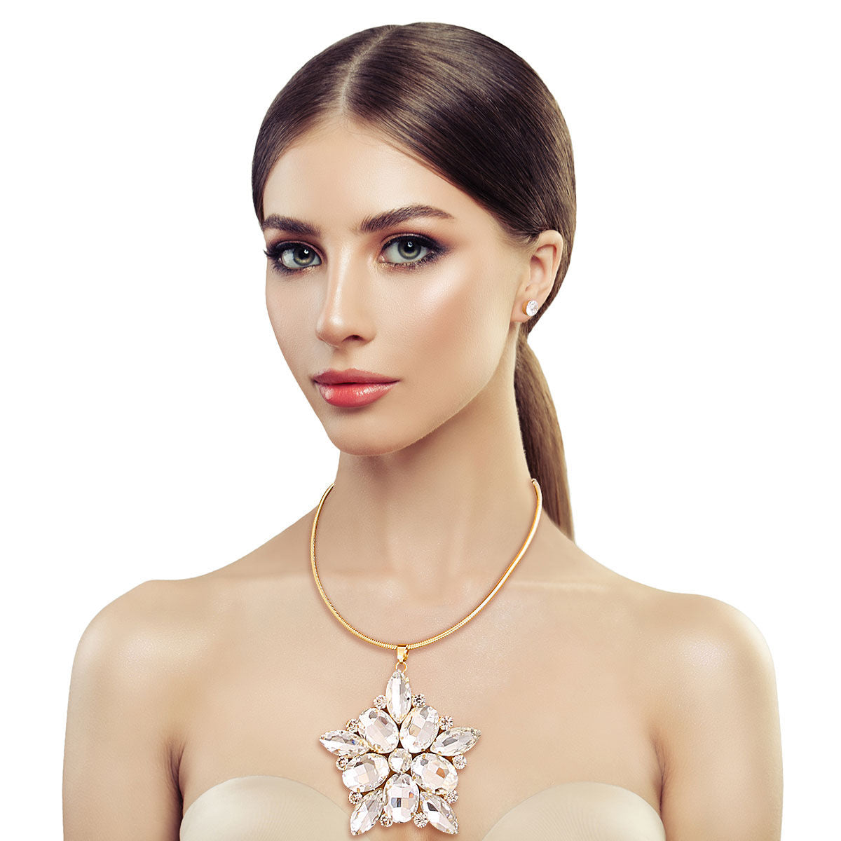 Pendant Necklace Gold Oval Crystal Elegant Statement Jewelry