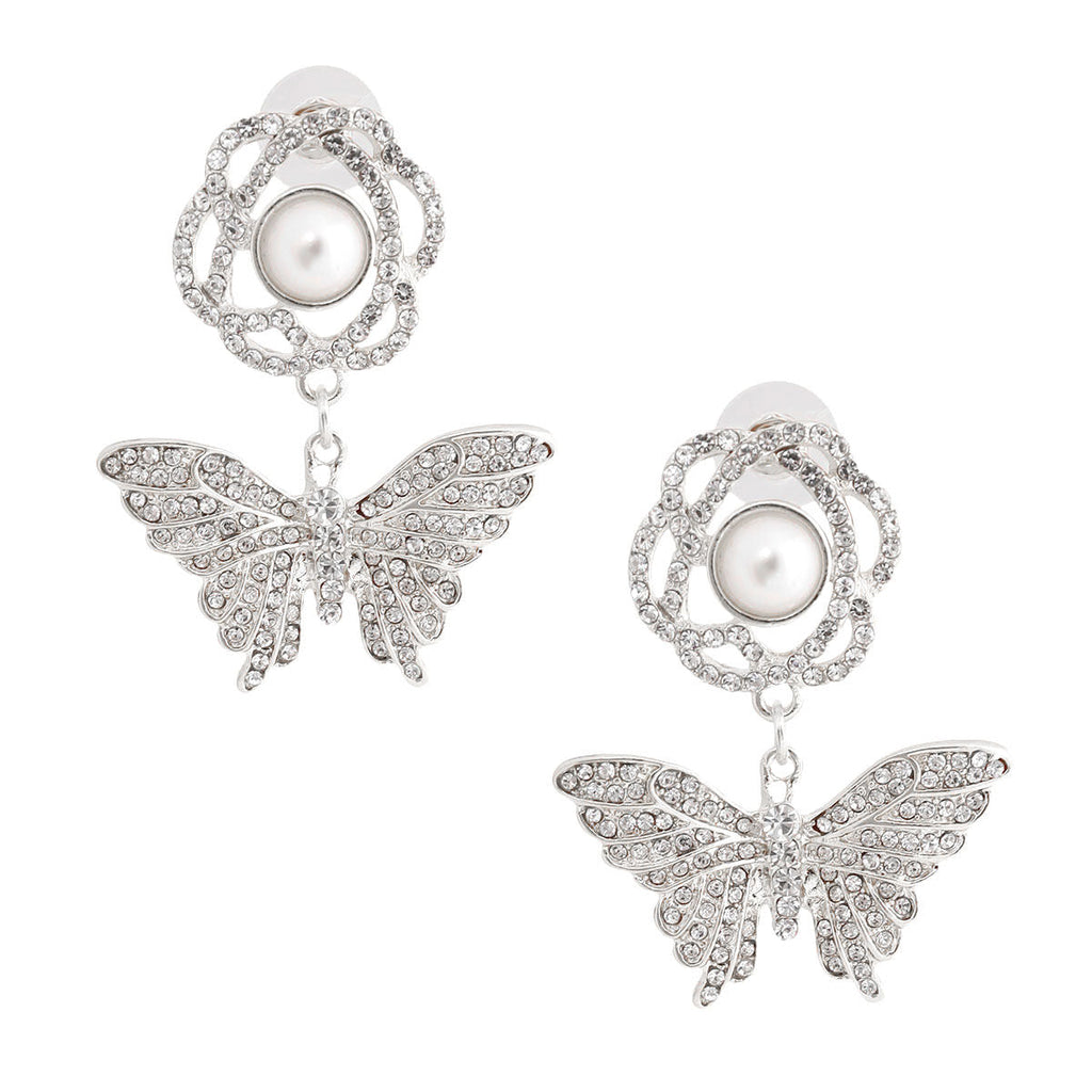 Butterfly Rhinestone Earrings Silver Stylish Statement Jewelry