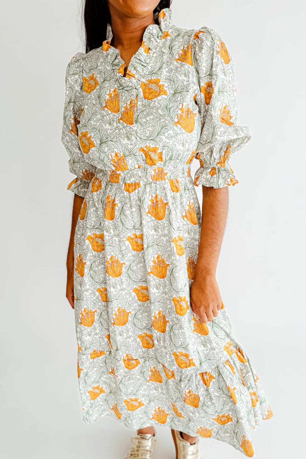 Brown Floral Printed Frilled V Neck Bracelet Sleeve Long Dress