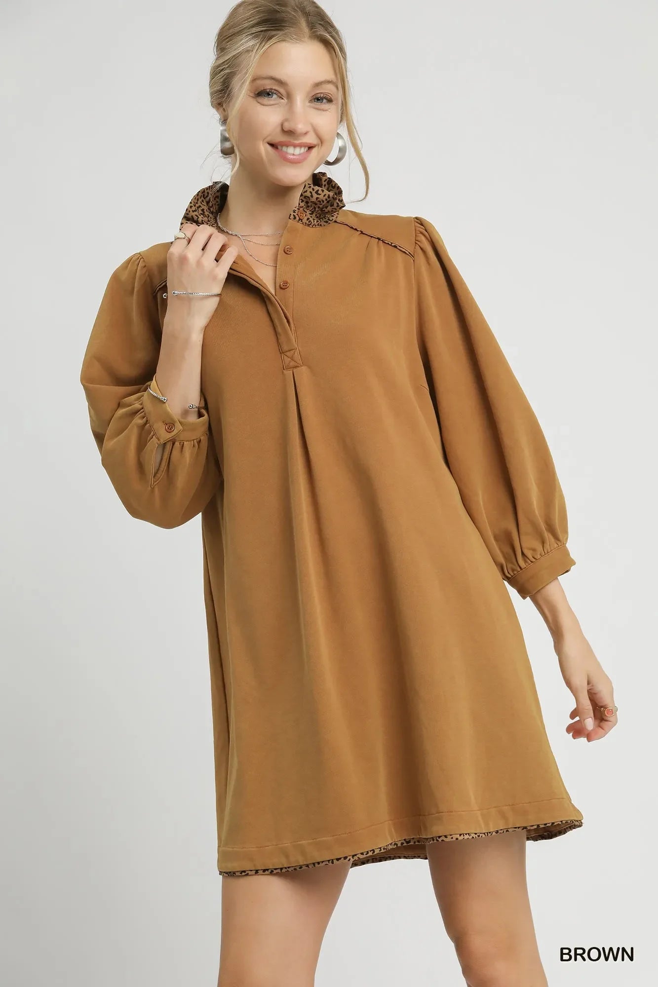 French Terry Balloon Sleeve Shift Dress with Leopard Print Detail